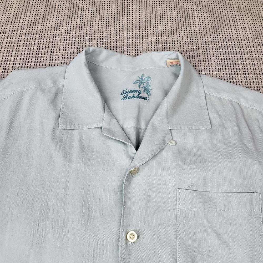 Tommy Bahama Shirt Mens Large Green Solid Short Sleeve Silk Button Front Casual